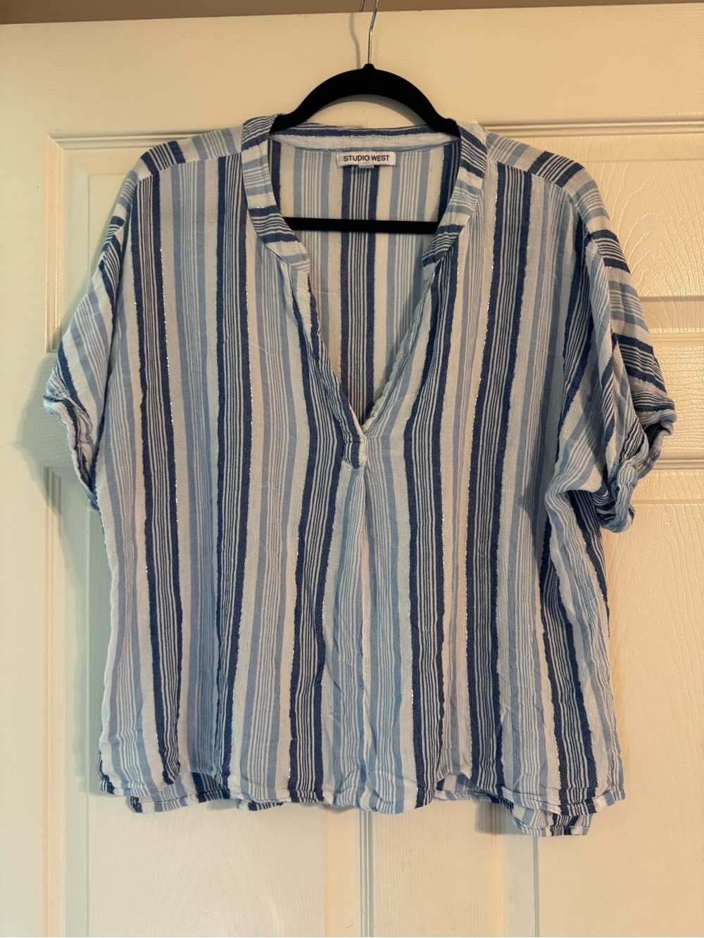 Studio West Blue and White Striped V-Neck Tunic Top